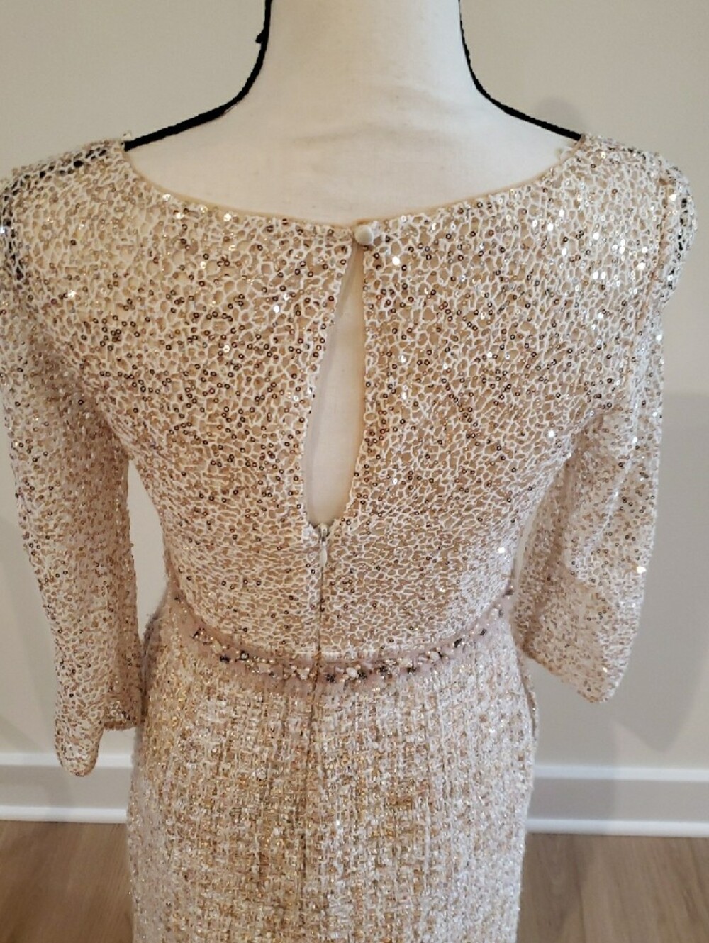 Kay Unger New York Cocktail Sheath Dress Sequin & Tweed Champagne Color Elegant - Picture 6 of 8